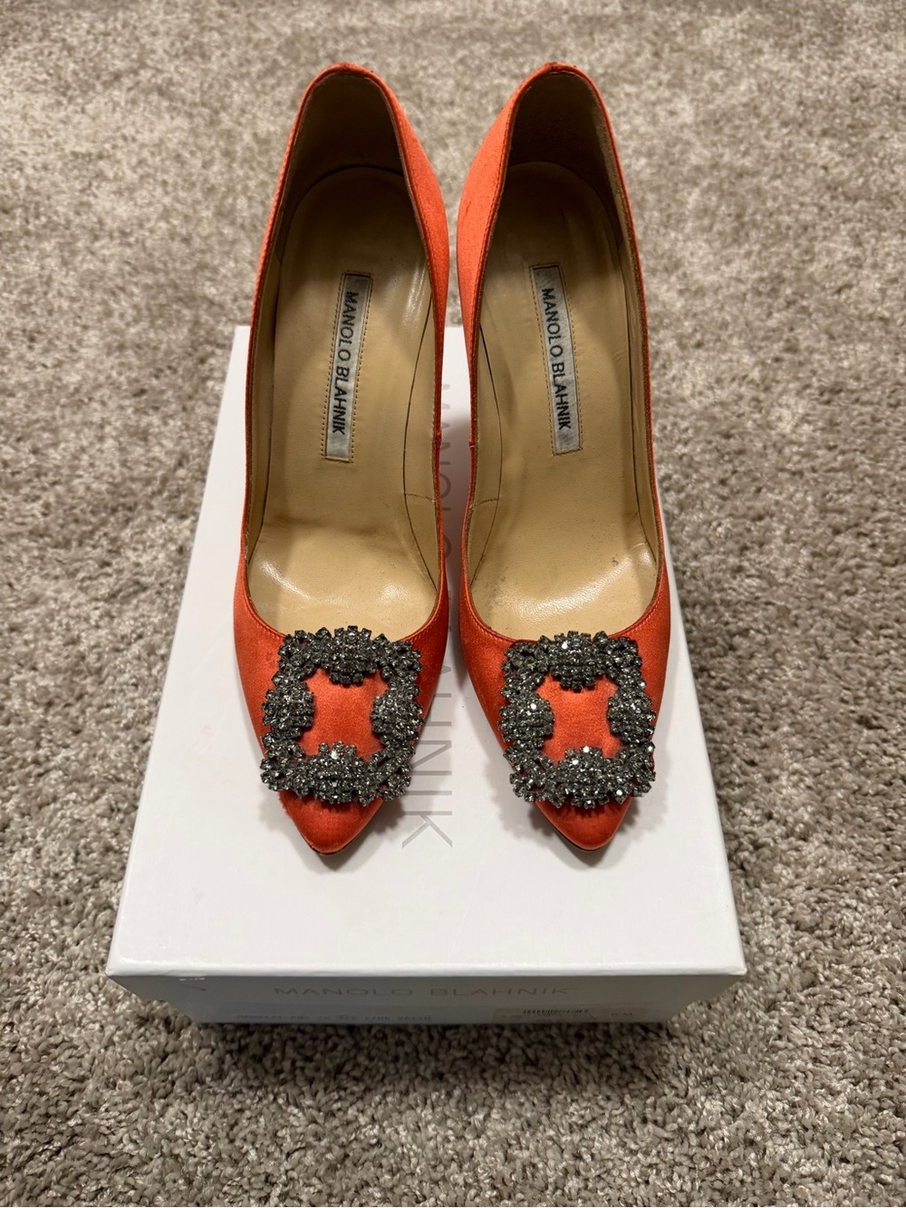 Manolo Blahnik Bright Orange Satin Pointed-Toe Pumps with Crystal Buckle 36